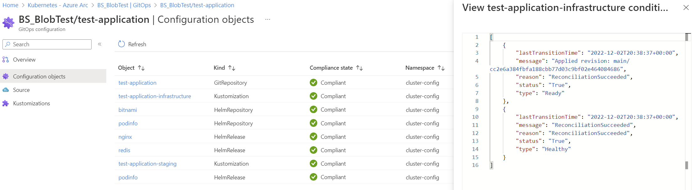 Screenshot showing condition details for a configuration object in the Azure portal.