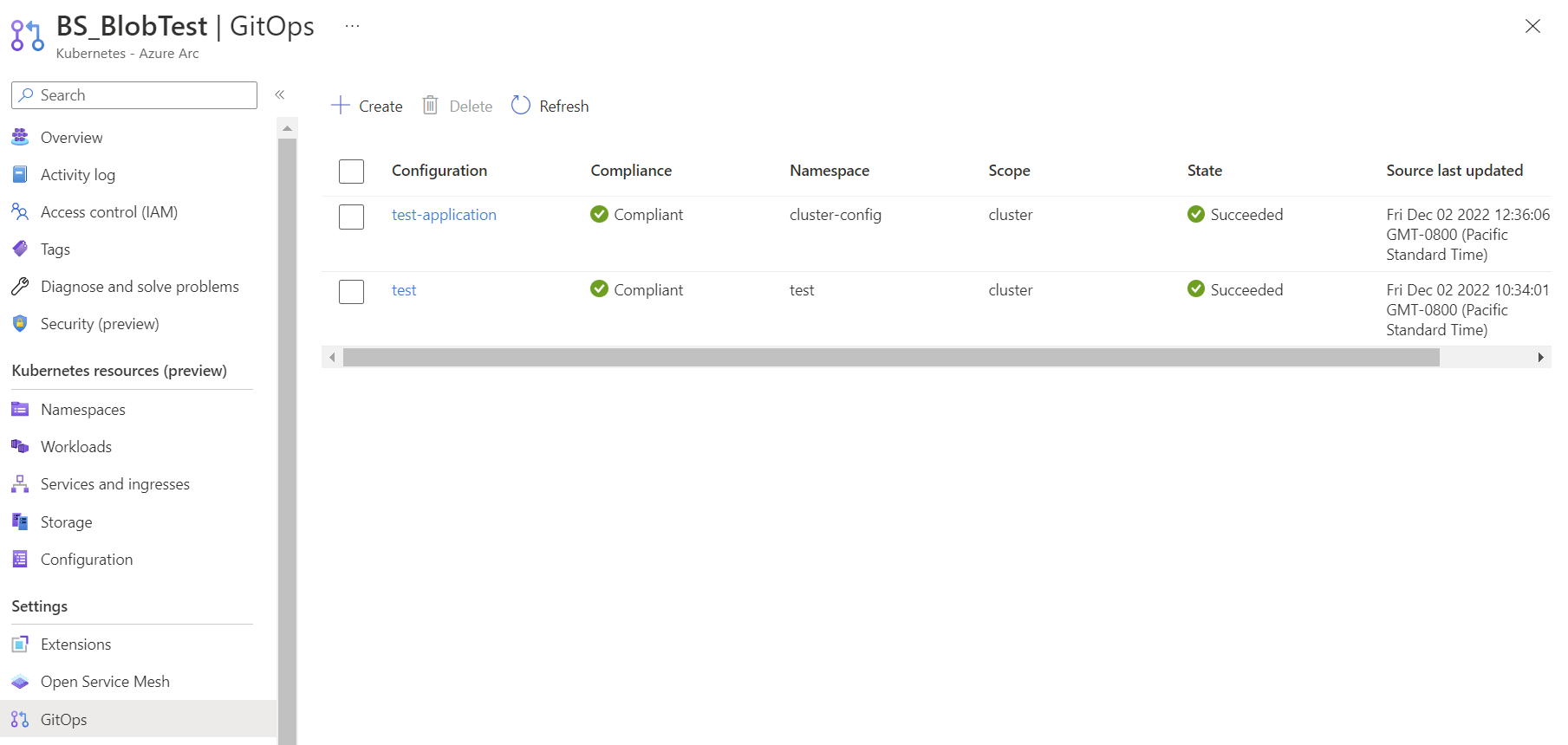 Screenshot showing all configurations for a cluster in the Azure portal.