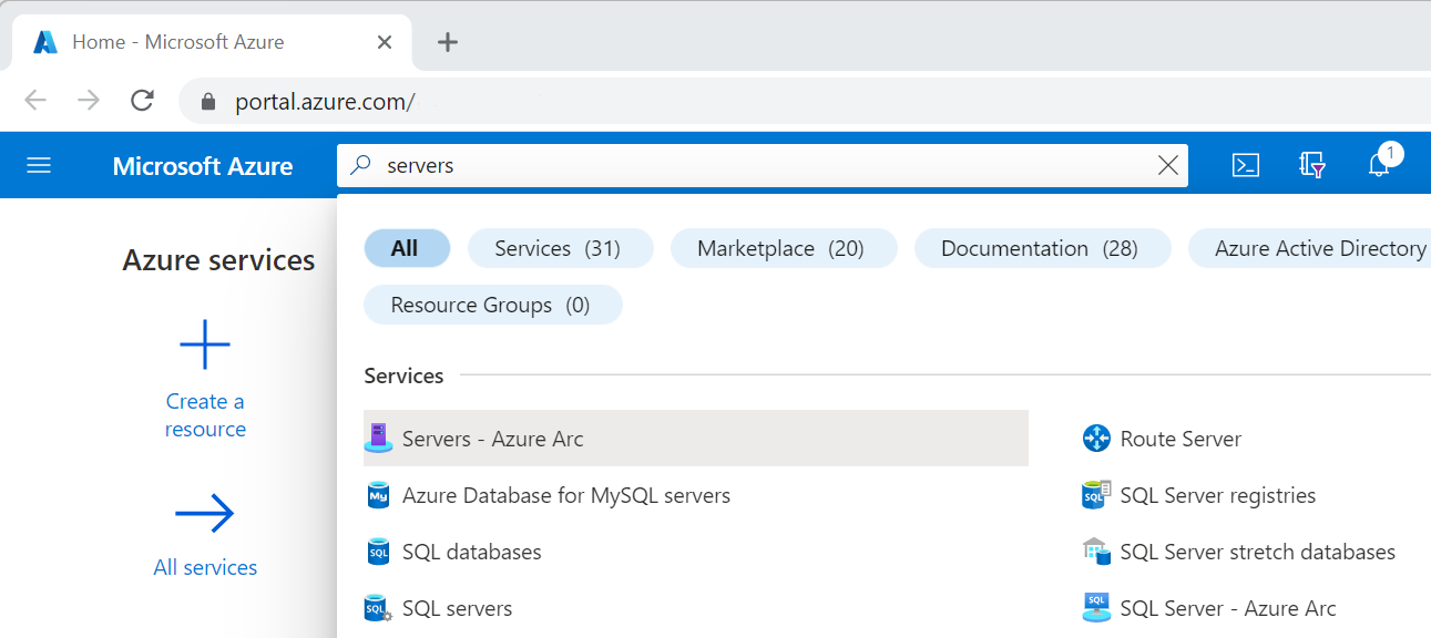 Screenshot of Azure portal showing search for Servers, Azure Arc.