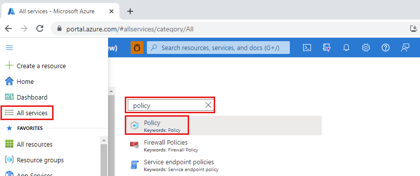 Screenshot of All services window showing search for policy service.