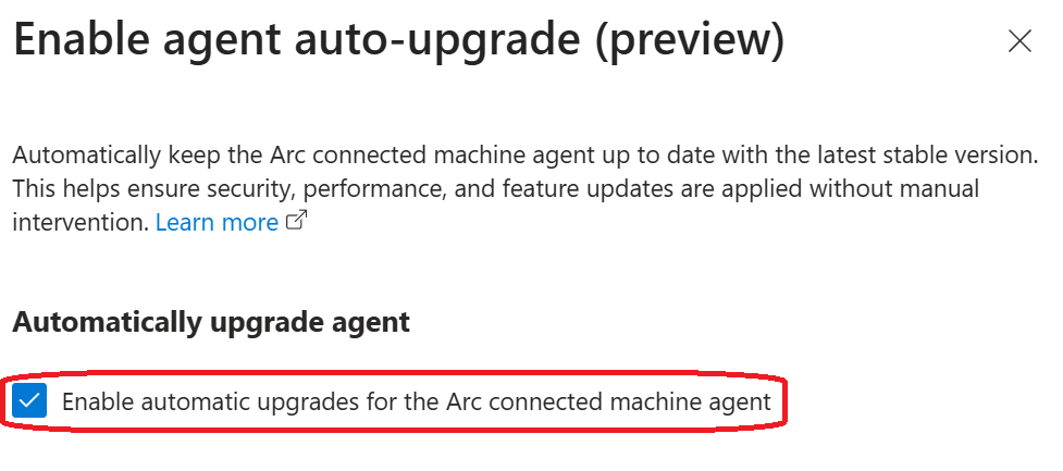 Screenshot of the option to enable automatic upgrades for the Azure Connected Machine agent.