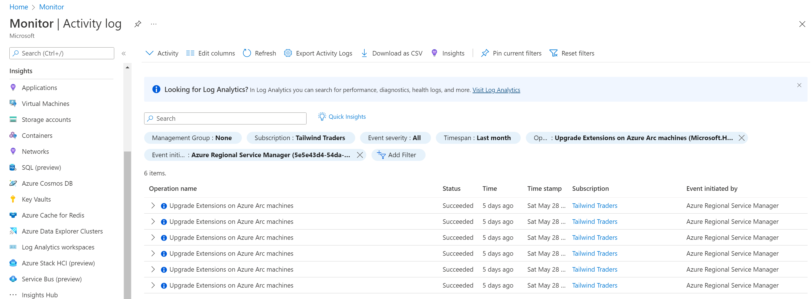 Azure Activity Log showing attempts to automatically upgrade extensions on Azure Arc-enabled servers.