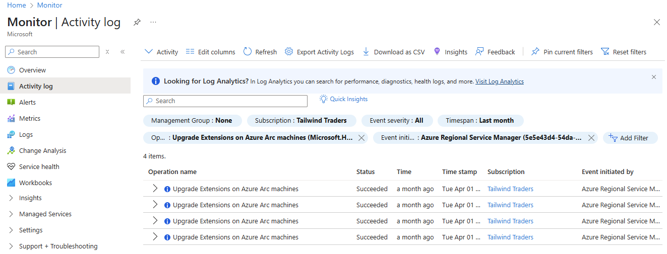 Azure Activity Log showing attempts to automatically upgrade extensions on Azure Arc-enabled servers.