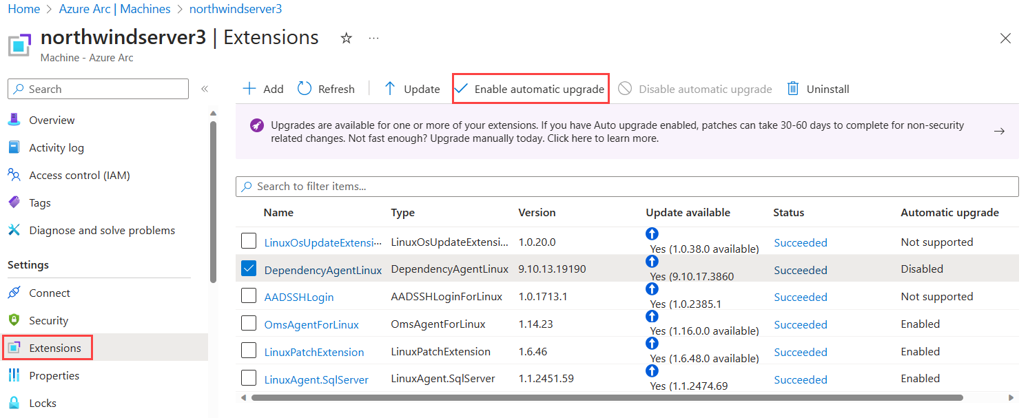 Screenshot of an Azure Arc-enabled server in the Azure portal showing where to navigate to extensions.