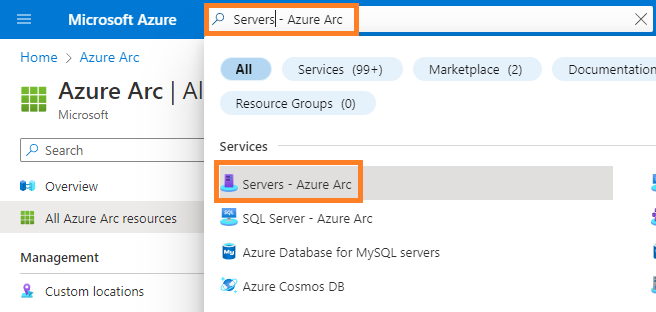 Screenshot of Azure portal showing user typing in Servers - Azure Arc.