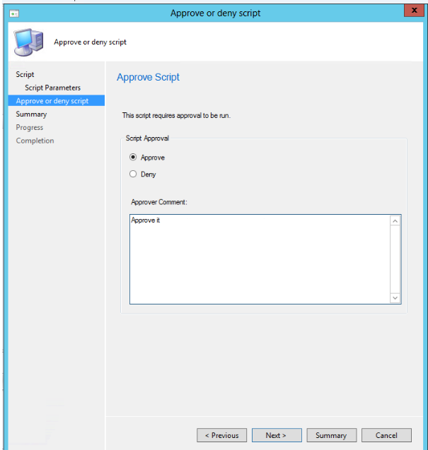 Screenshot of the Approve or deny script screen in Configuration Manager.