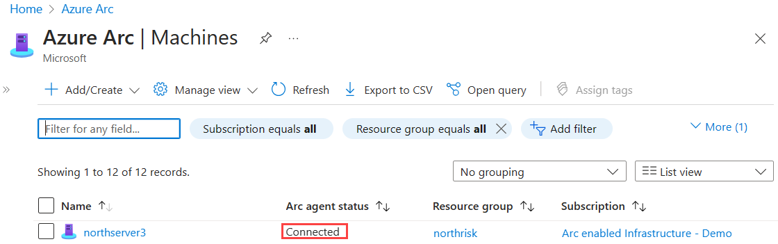 Screenshot showing a successful server connection in the Azure portal.