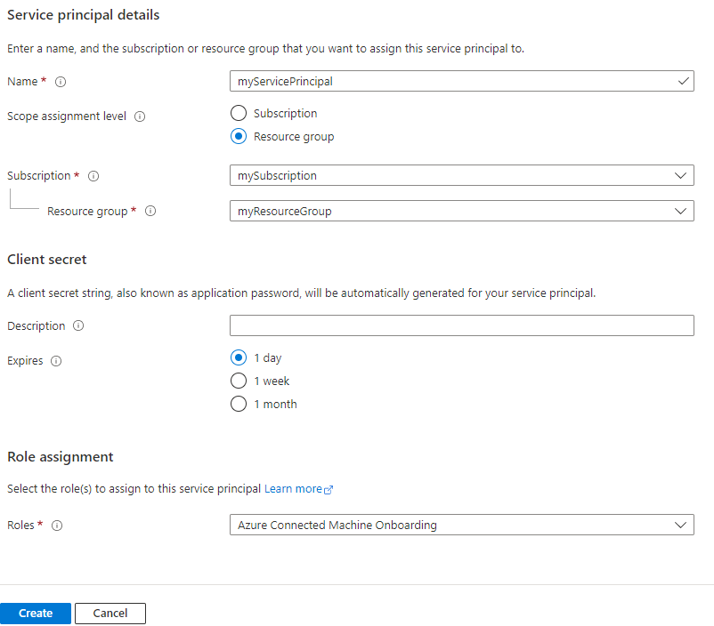 Screenshot of the Azure Arc service principal creation screen in the Azure portal.