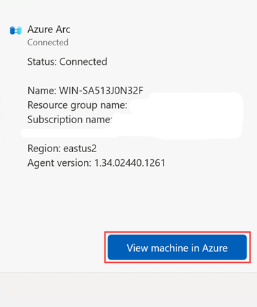 Screenshot of the machine connection status window  highlighting the View Machine in Azure button.