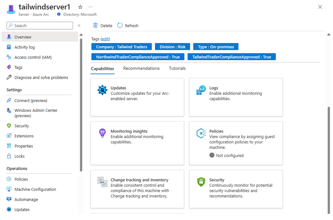 Screenshot of Azure portal showing tags applied to a server.