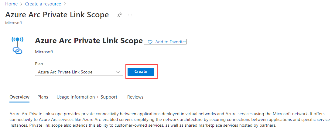 Screenshot of private scope home page with Create button.
