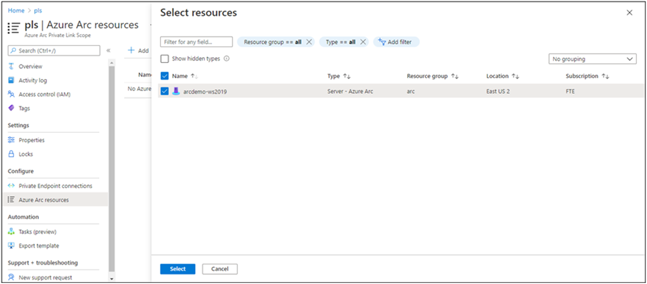 Selecting Azure Arc resources