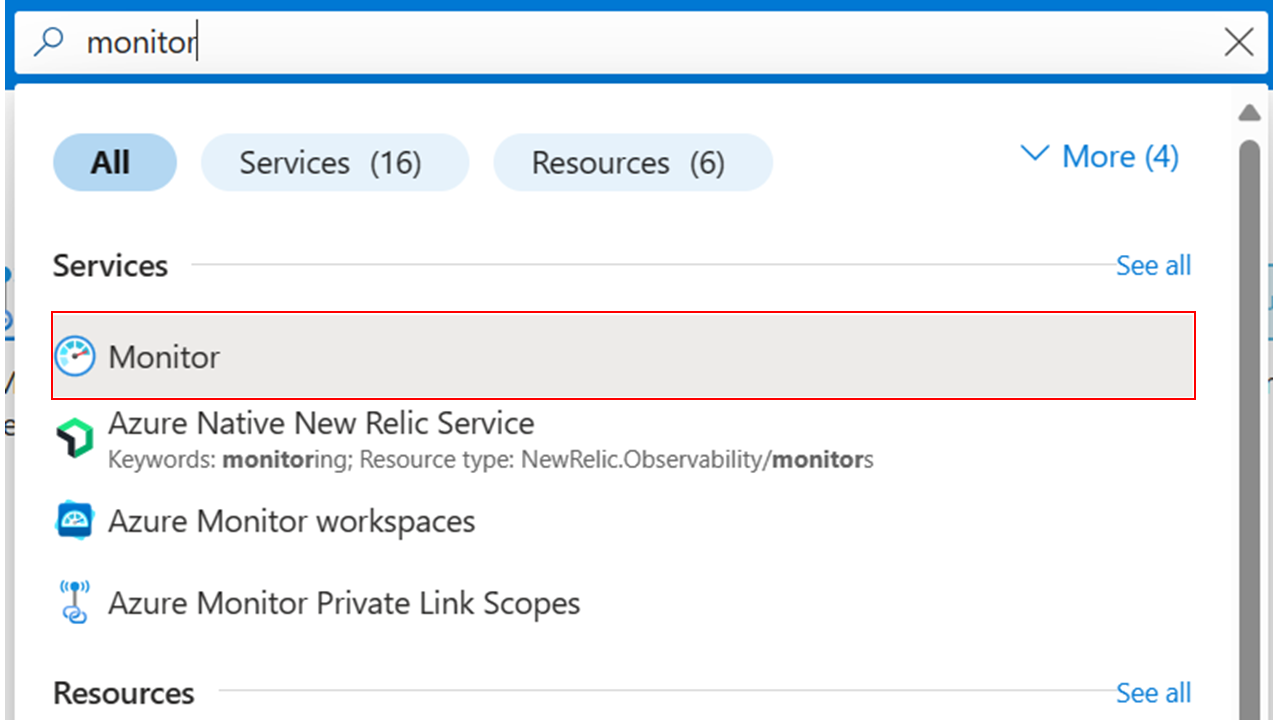 Screenshot that shows searching for monitor within the Azure portal.