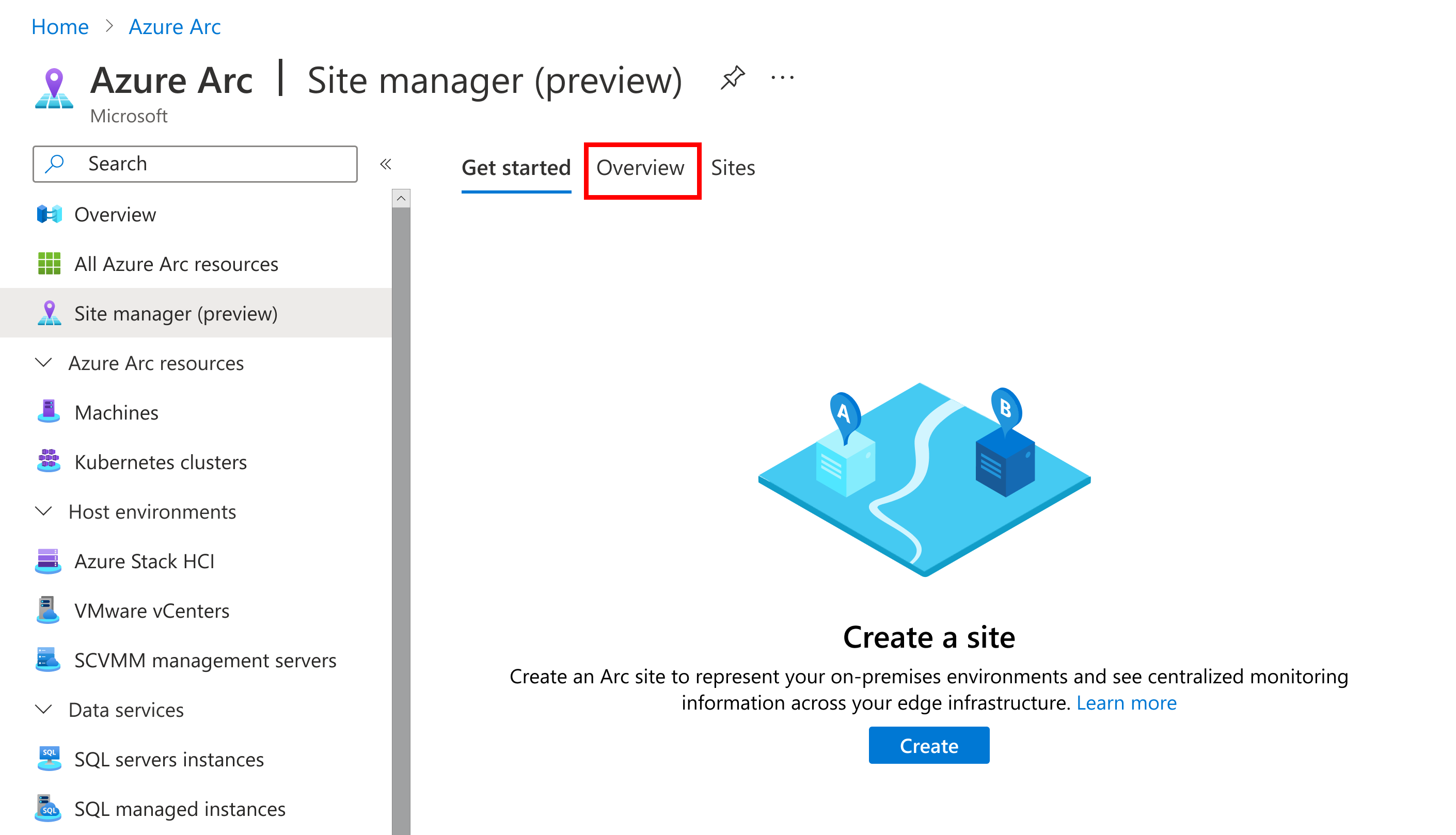 Screenshot that shows selecting the overview page from site manager.