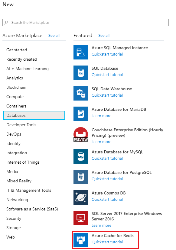 Select Azure Cache for Redis.