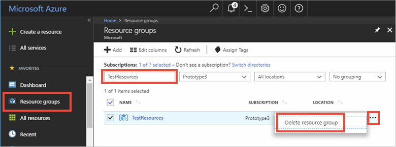 Screenshot of the Azure portal that shows the Resource groups page with the Delete resource group button highlighted.