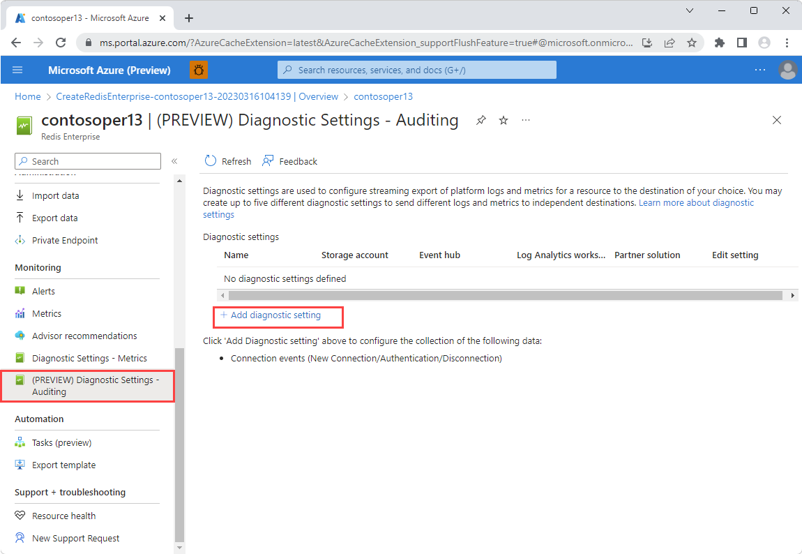 Screenshot of Diagnostic settings - Auditing selected in the Resource menu.