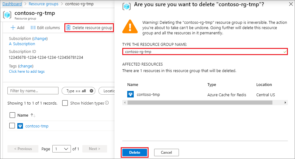 Screenshot of the Azure portal showing how to delete the resource group for Azure Cache for Redis.
