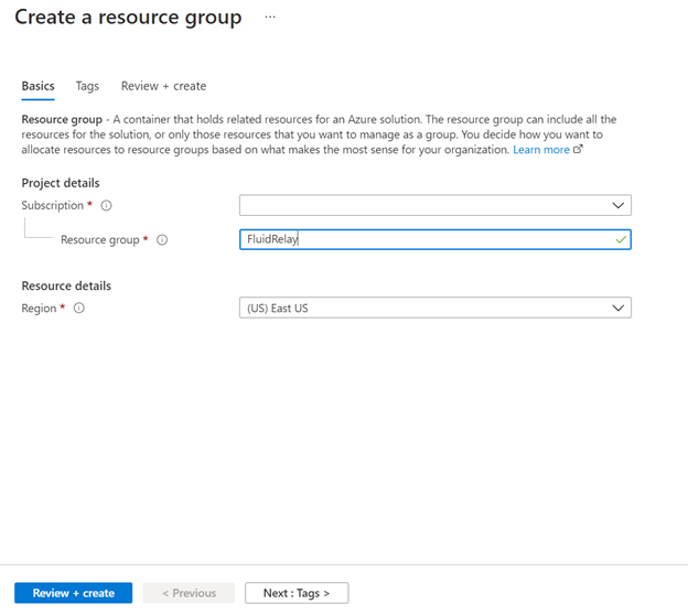 A screenshot of the Create Resource Group page on the Azure portal.