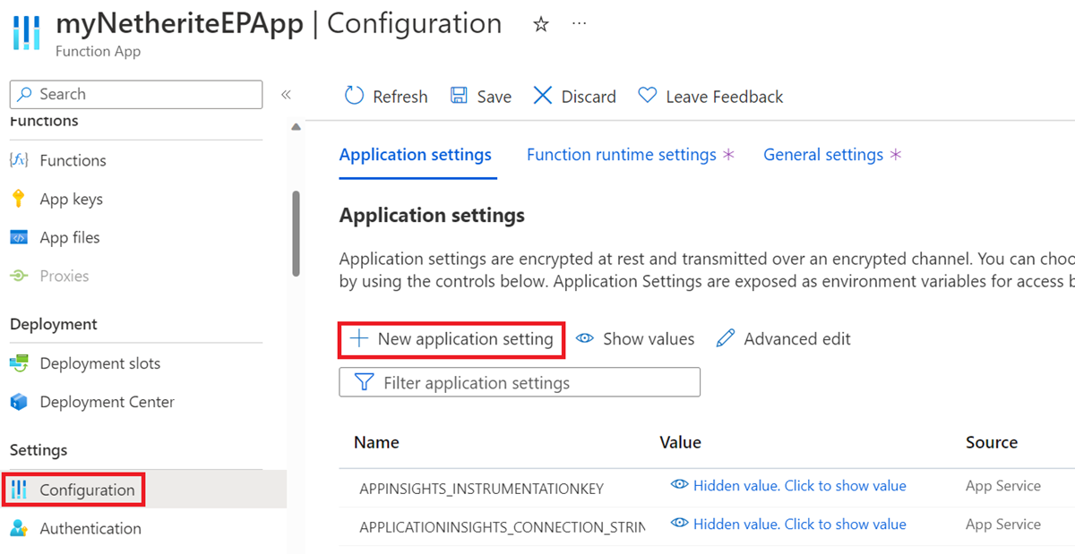 Screenshot that shows the function app view, Configuration, and select New application setting.