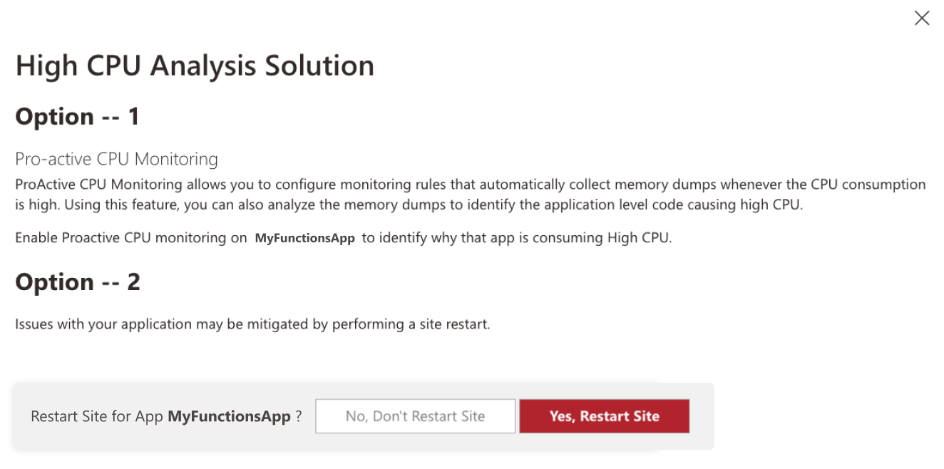 Screenshot of suggested solution from high CPU analysis detector.