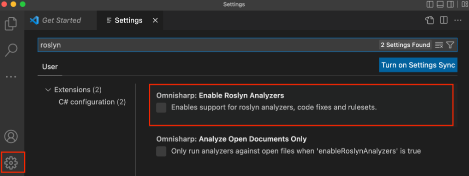 Screenshot of configuring Roslyn Analyzer in Visual Studio Code.