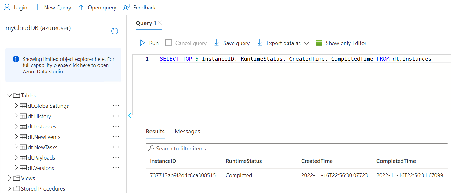 Azure SQL Query editor results for the SQL query provided.