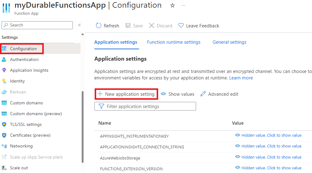 On the DB blade, go to Configuration, then click new application setting.