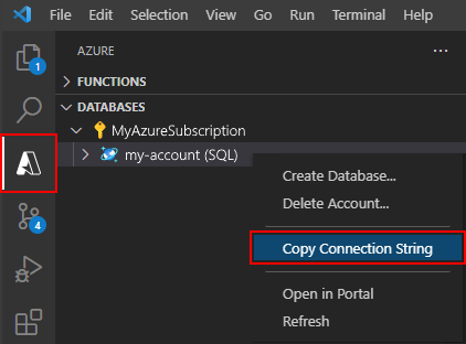 Copying the Azure Cosmos DB connection string