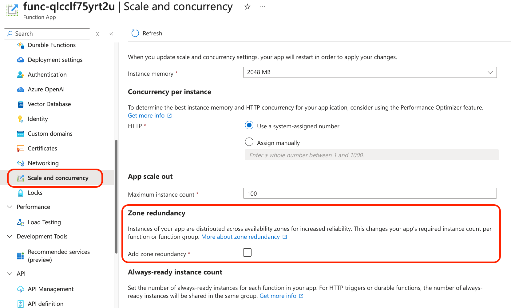Screenshot of the Scale and Concurrency tab of a Flex Consumption function app.