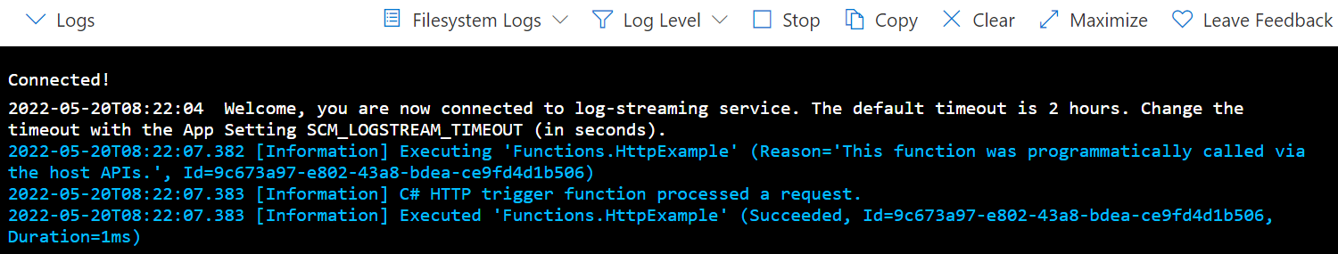 Screenshot of Functions log viewer in the Azure portal.
