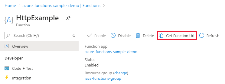 Copy the function URL from the Azure portal