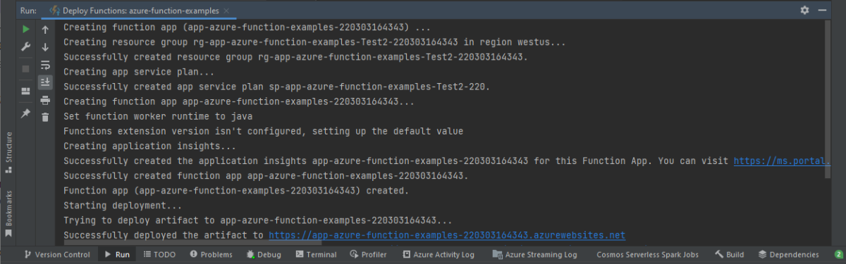 Deploy function app to Azure log.