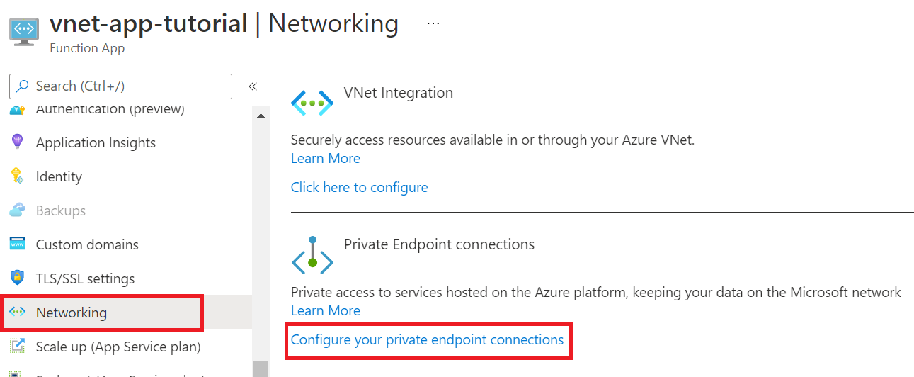Screenshot of how to navigate to a function app private endpoint.