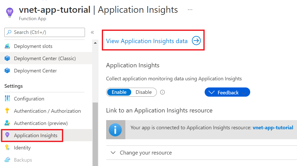 Screenshot of how to view application insights for a function app.