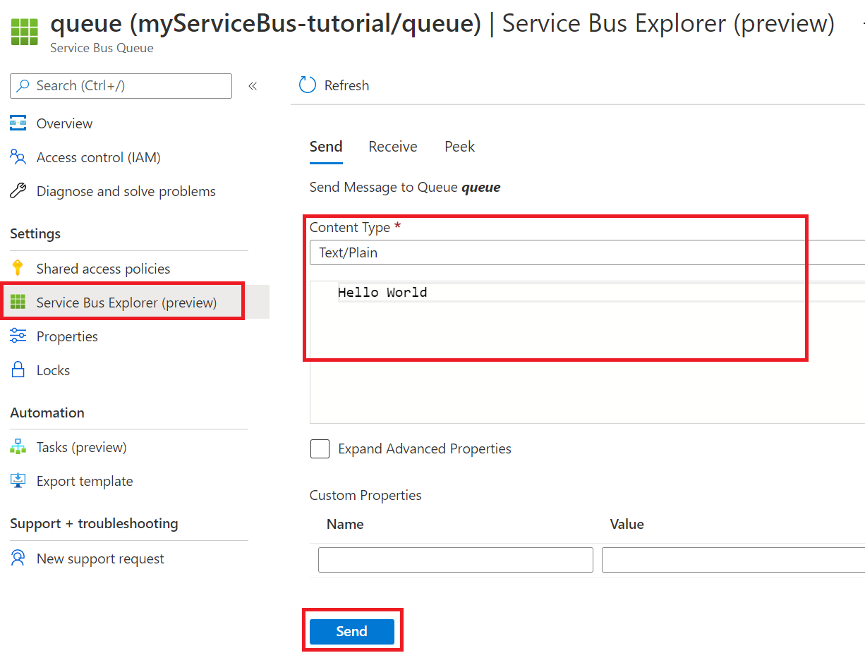 Screenshot of how to send Service Bus messages by using the portal.