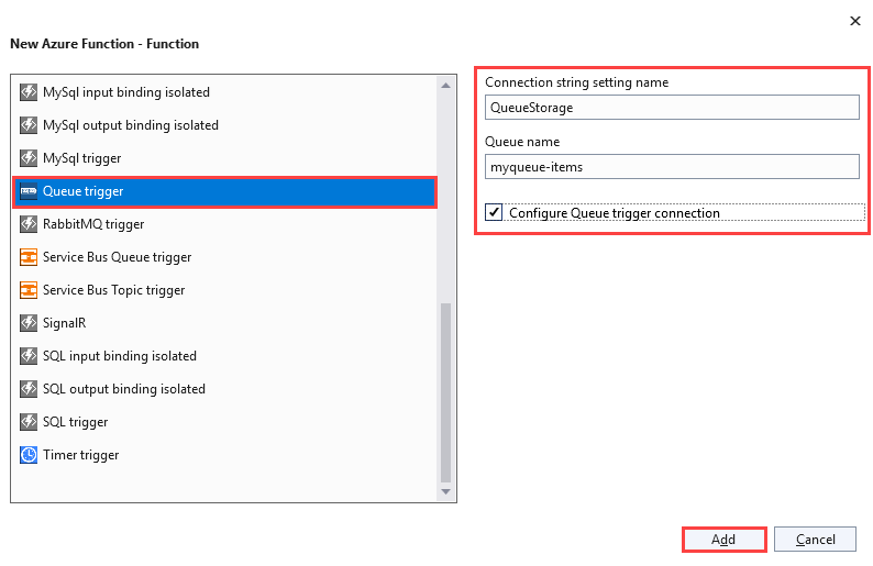 Screenshot of the New Azure Function dialog for a queue trigger, with the connection string name set to QueueStorage and the queue to myqueue-items.