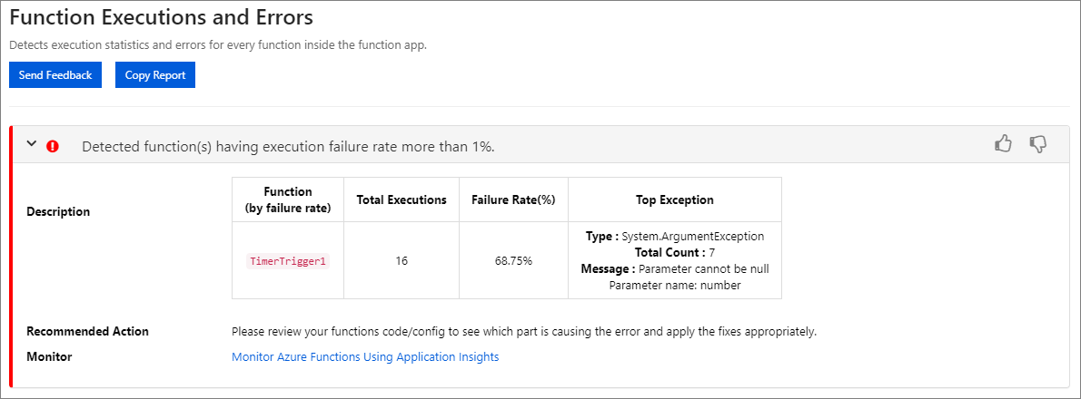 Diagnostic report on function execution errors