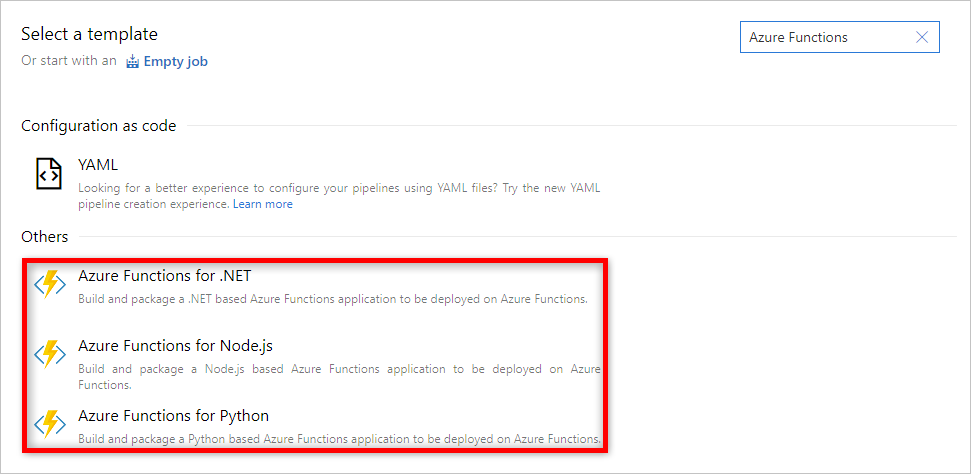 Screenshot of select an Azure Functions build template.