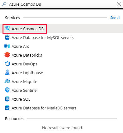 Search for the Azure Cosmos DB service.