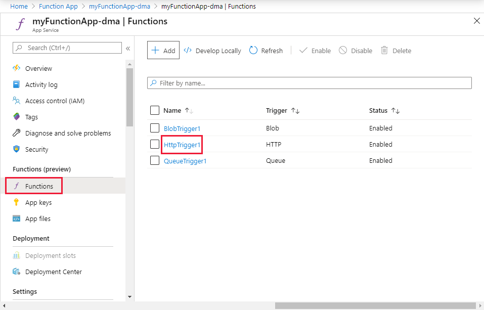 Select your Http function in the Azure portal.