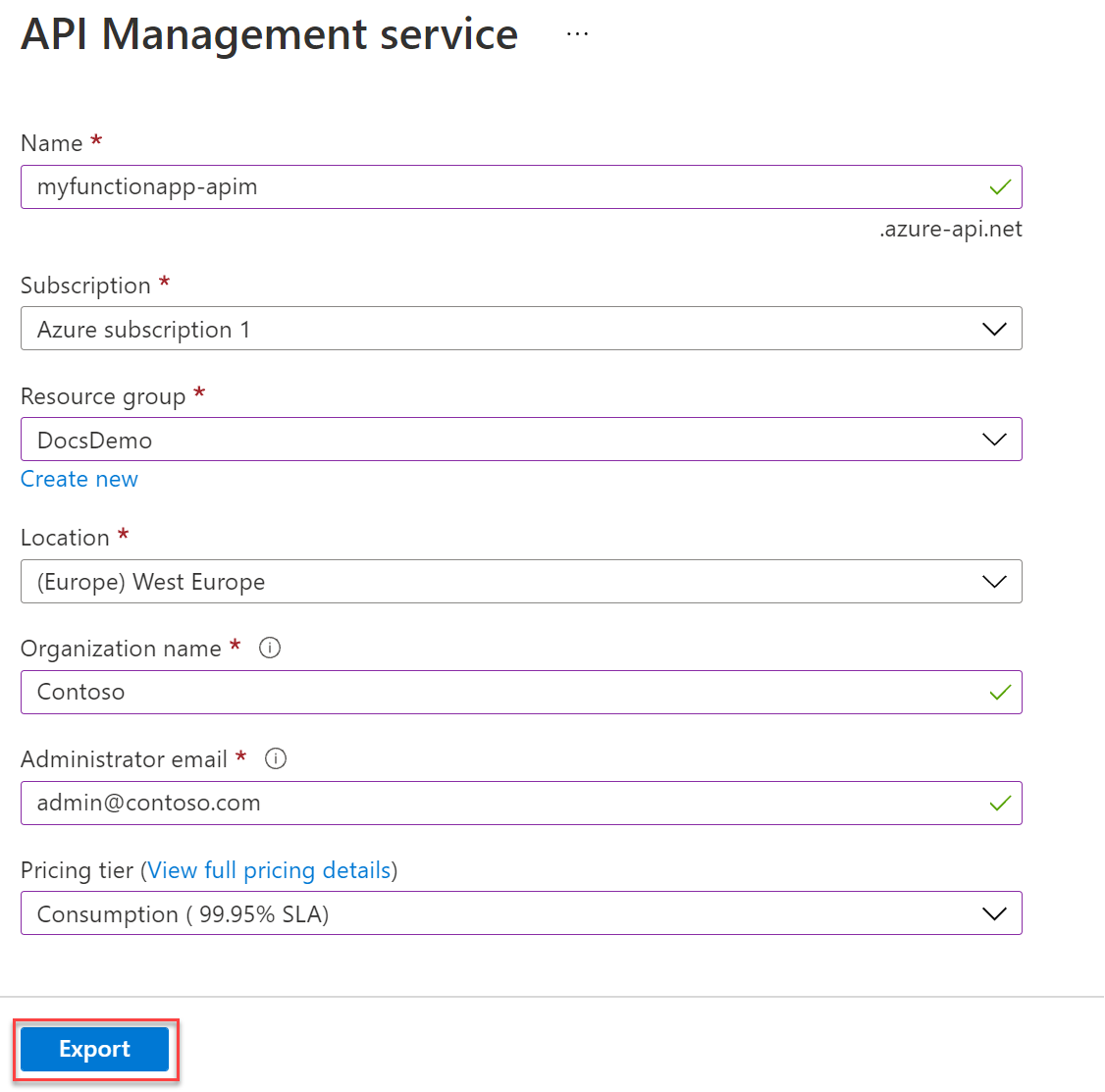Create new API Management service