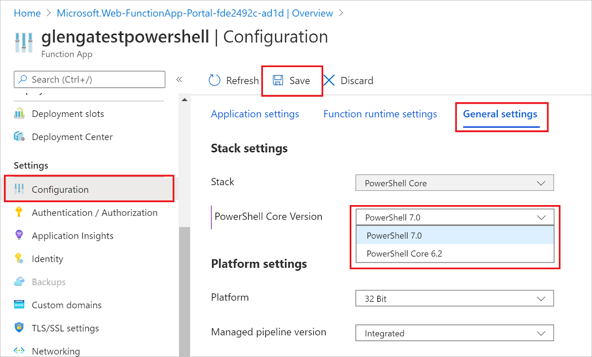 Choose the PowerShell version used by the function app