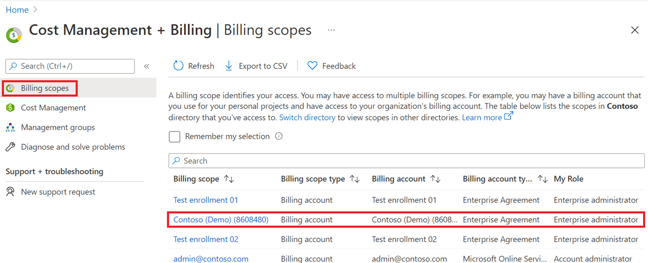 Screenshot showing Billing scopes.
