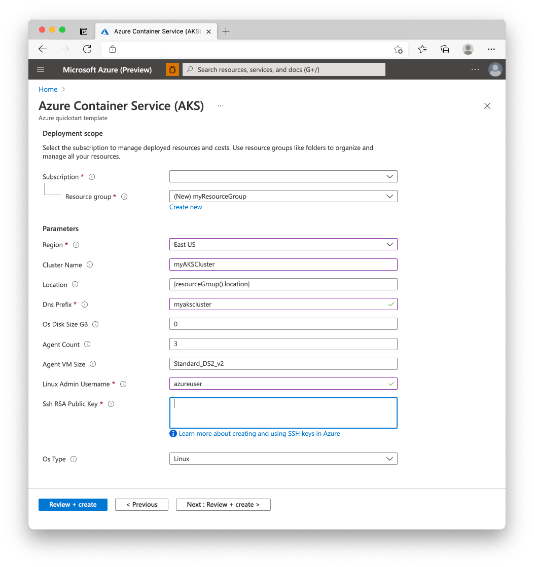 Screenshot of Resource Manager template to create an Azure Kubernetes Service cluster in the portal.