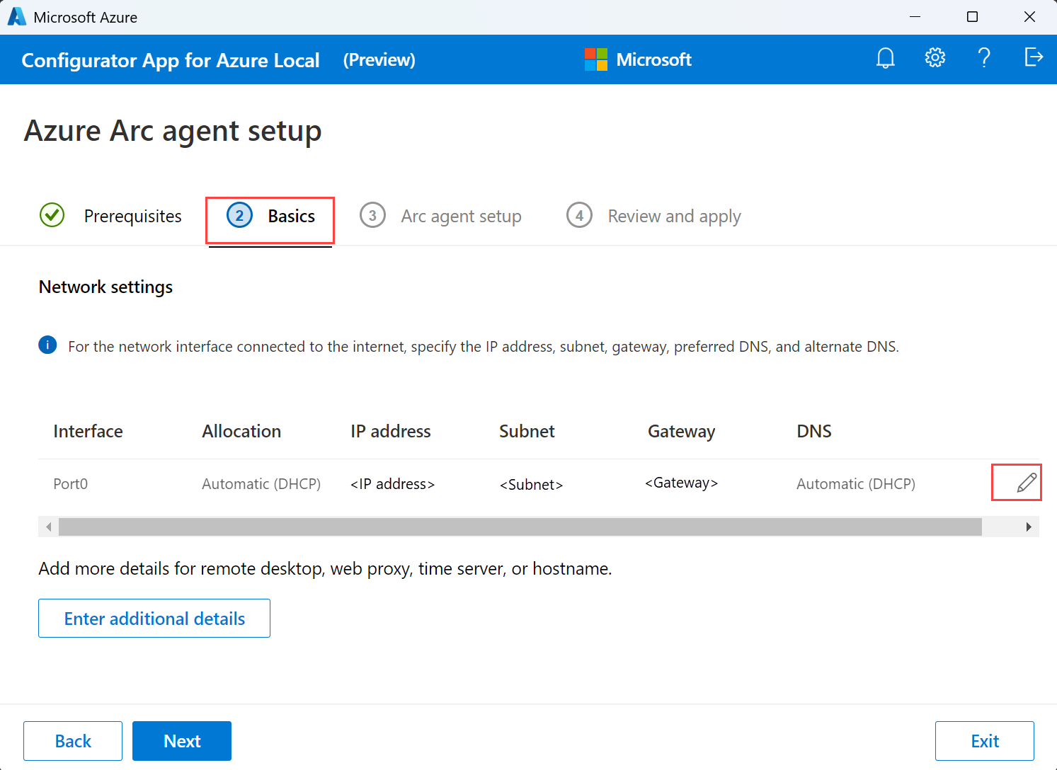 Screenshot of the Basics tab in the Configurator app for Azure Local.
