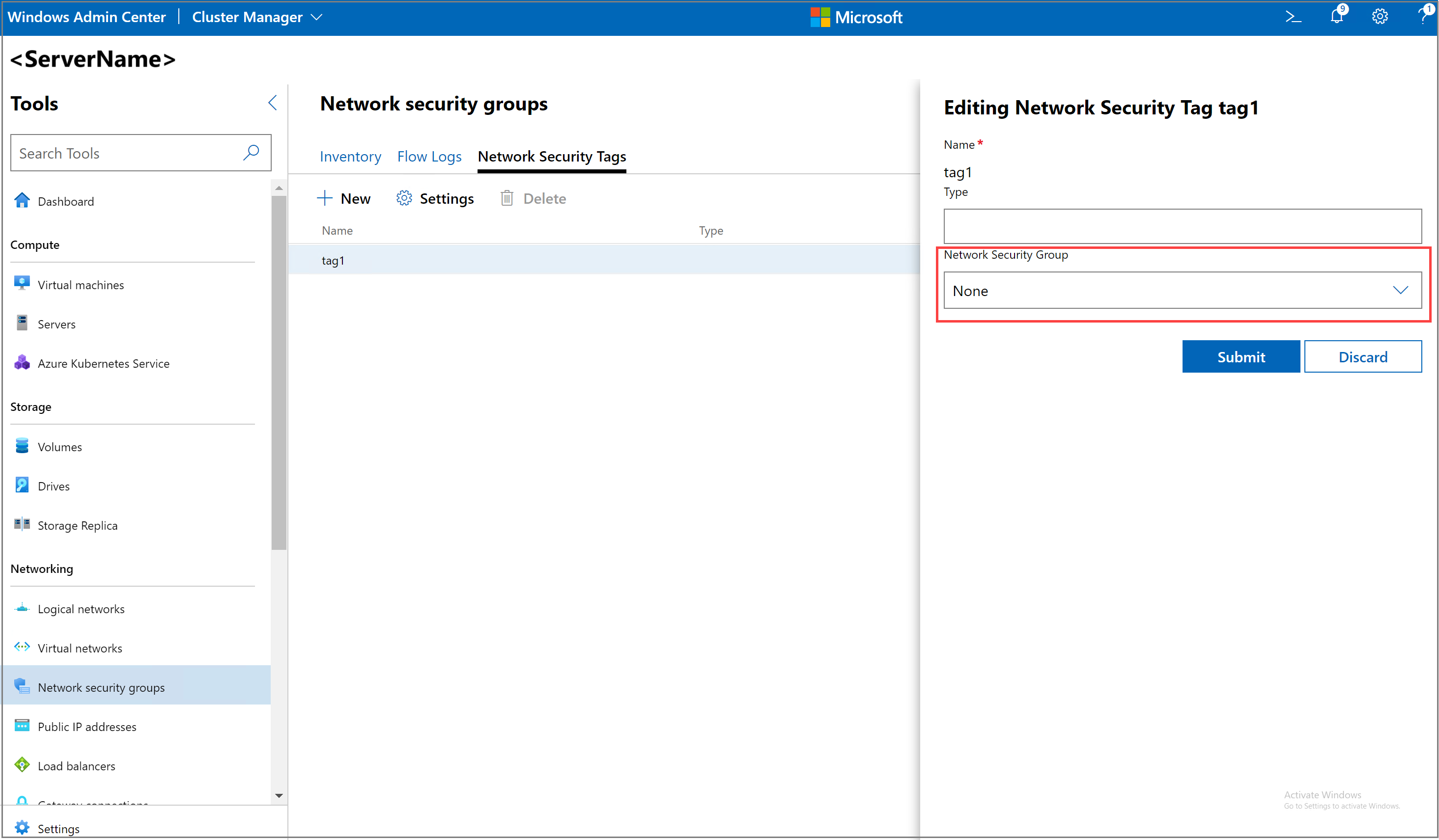 Screenshot showing how to apply an existing network security group to a network security tag.