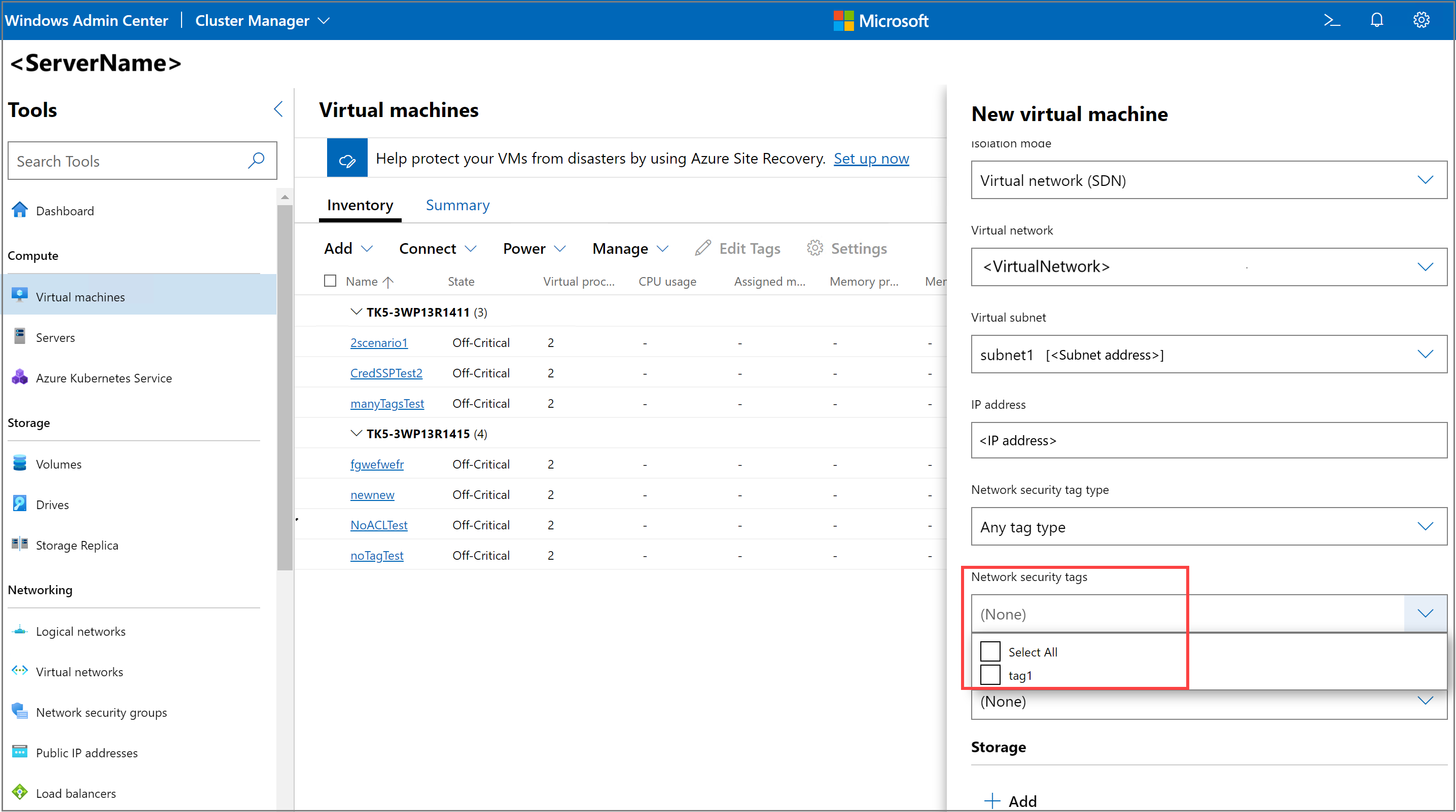 Screenshot showing the step to assign network security tag while creating a new VM.