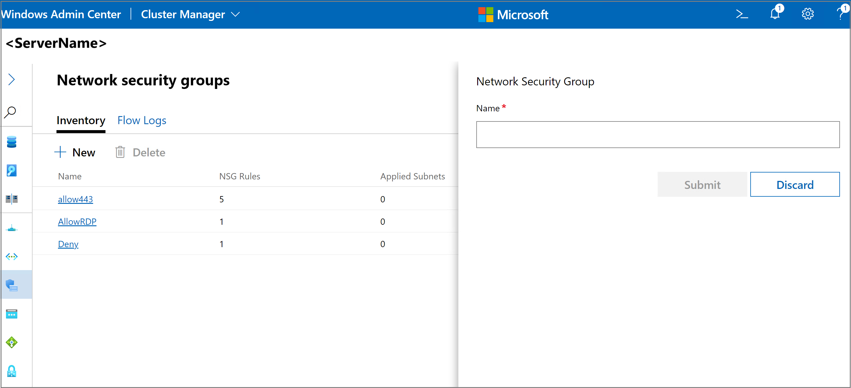Screenshot showing the Network Security Group pane.