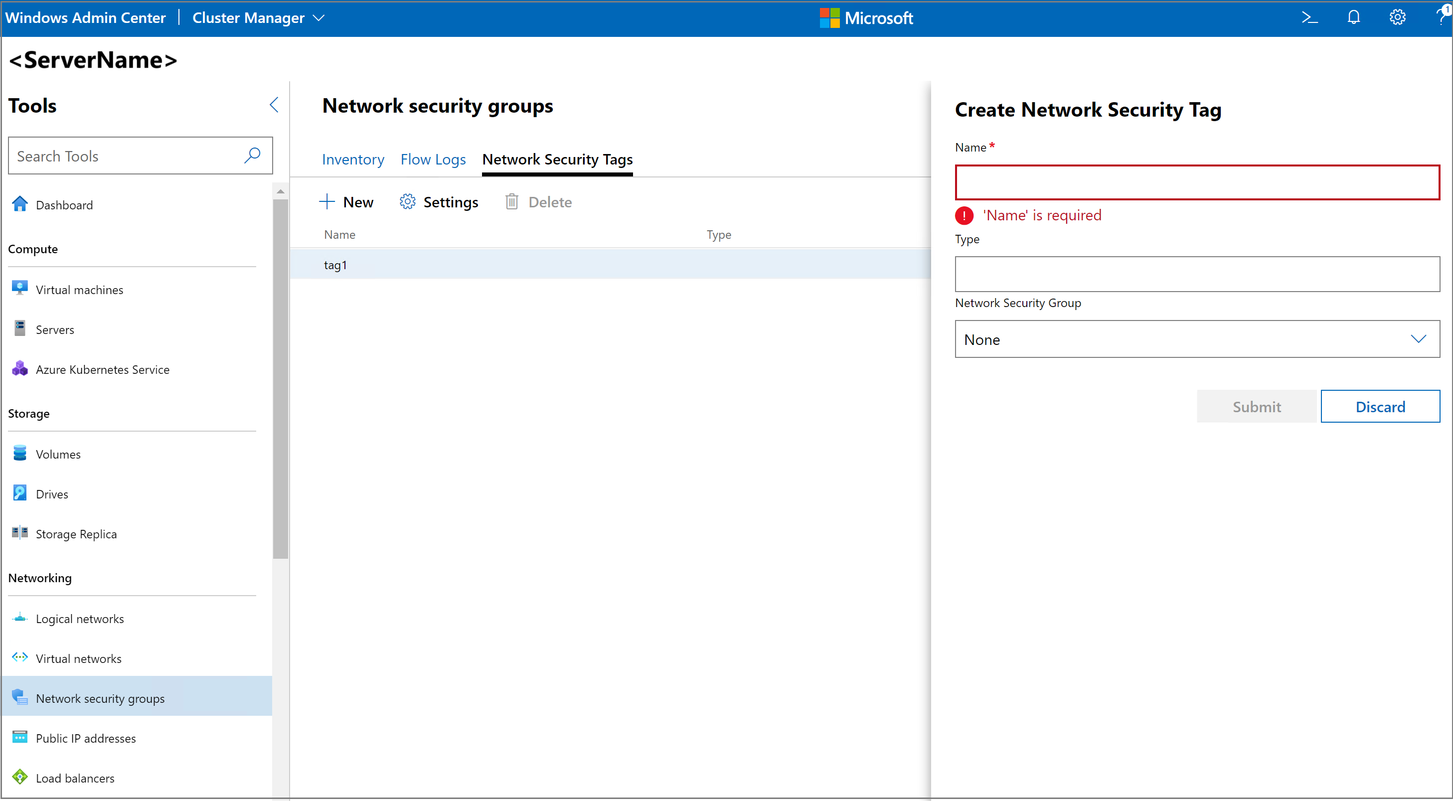 Screenshot of the Create Network Security Tag pane.